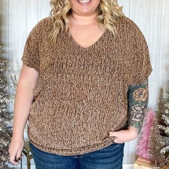 Be Stage 1X Metallic Gold Dolman Sleeve V-Neck Blouse - Picture 3 of 11